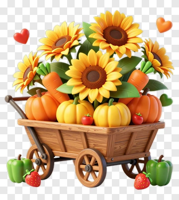 Colorful Wheelbarrow Filled With Sunflowers And Pumpkins PNG