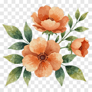 Watercolor Flowers With Green Leaves PNG