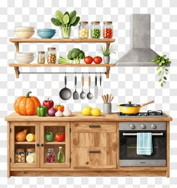 Colorful Kitchen With Fresh Vegetables And Cooking Utensils PNG