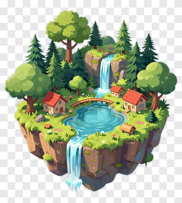 Colorful Forest Landscape With Waterfalls And Houses PNG