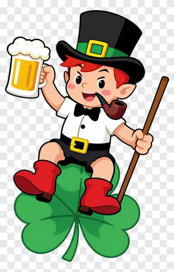Cartoon Leprechaun Holding A Beer On A Clover Leaf PNG