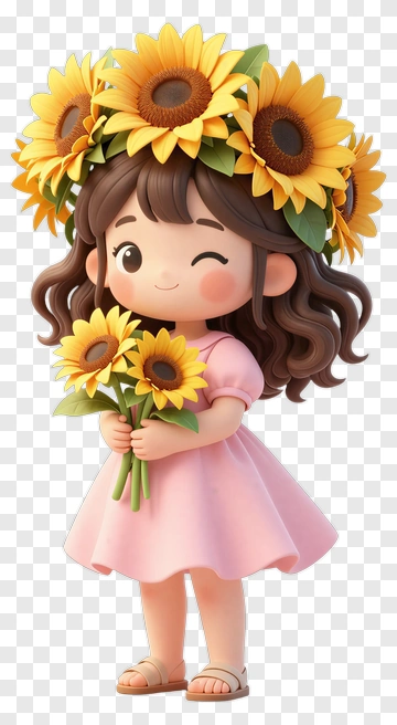 Cartoon Girl Holding Sunflowers PNG