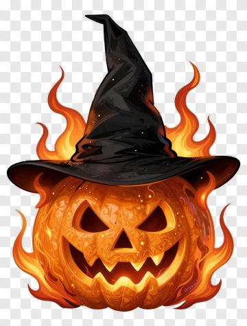 Halloween Pumpkin With Witch Hat And Flames PNG