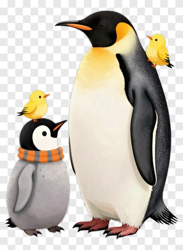 Penguin Family With Baby Penguin And Yellow Birds PNG