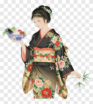 Woman In Kimono Holding A Bowl Of Fruits And Vegetables PNG