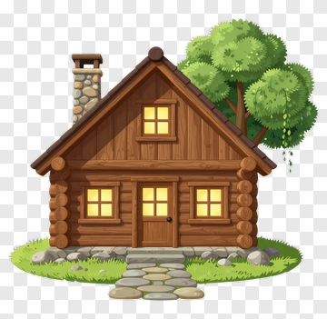 Cartoon Log Cabin With Tree PNG