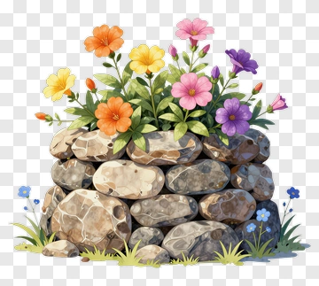 Colorful Flower Pot With Stone Base PNG