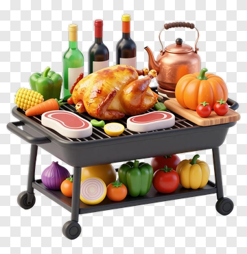 Grill Cart With Chicken And Fresh Vegetables PNG