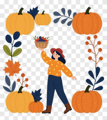 Woman Holding A Basket Surrounded By Pumpkins And Leaves PNG