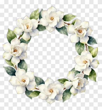 Watercolor White Magnolia Flower Wreath PNG