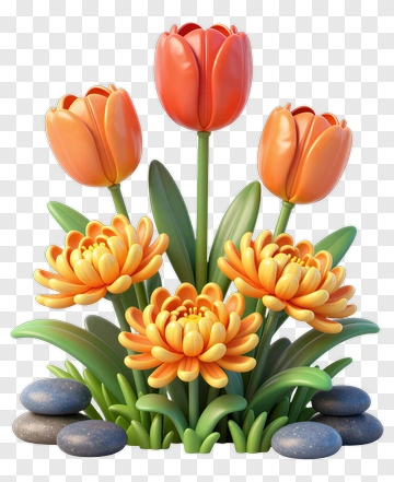 Colorful Tulips And Flowers With Stones PNG