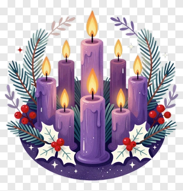 Purple Candles Surrounded By Holiday Greenery PNG