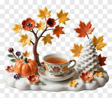 Autumn Tea Set With Pumpkin And Maple Leaves PNG