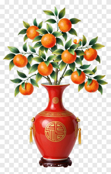 Vase With Orange Fruit Tree PNG