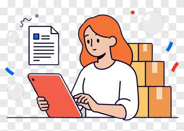 Woman Using Tablet In Front Of Boxes PNG