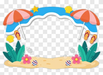 Beach Scene Frame With Umbrellas And Flowers PNG