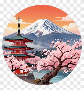 Mountain View With Cherry Blossom And Pagoda PNG