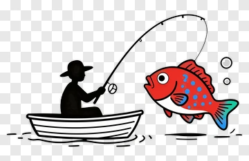 Cartoon Fisherman Catching A Colorful Fish PNG