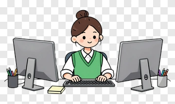 Cartoon Woman Working At A Computer Desk PNG