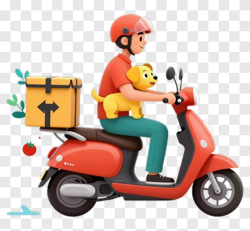 Delivery Person Riding A Scooter With A Dog PNG
