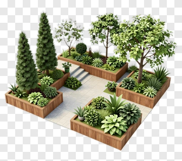 Garden Landscape With Various Plants And Trees PNG