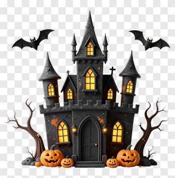 Halloween Castle With Pumpkins And Bats PNG
