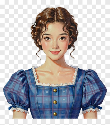 Young Woman In Blue Dress With Curly Hair PNG