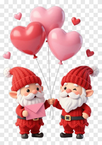 Cartoon Gnomes Holding Heart Balloons PNG