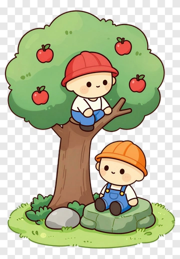 Cartoon Children Playing Under An Apple Tree PNG