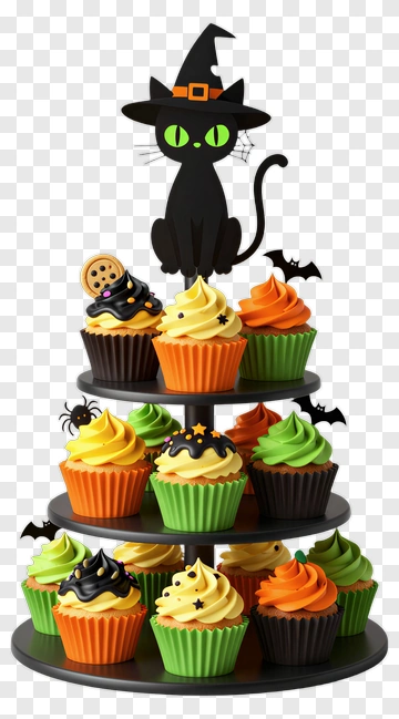 Halloween Cupcake Tower With Black Cat Decoration PNG