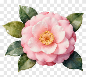 Pink Camellia Flower With Green Leaves PNG