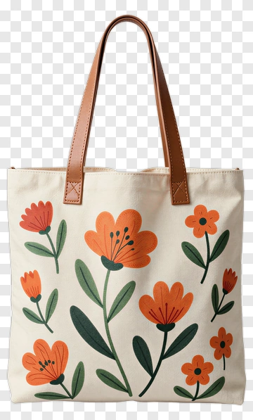 Floral Tote Bag With Orange Flowers PNG