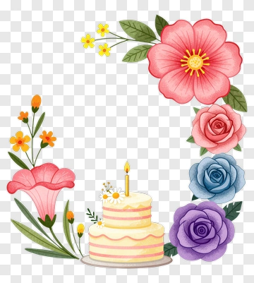 Colorful Cake Surrounded By Flowers PNG