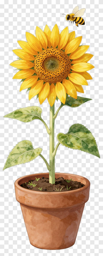Sunflower In A Pot With A Bee PNG