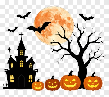 Halloween Scene With Haunted House And Pumpkins PNG