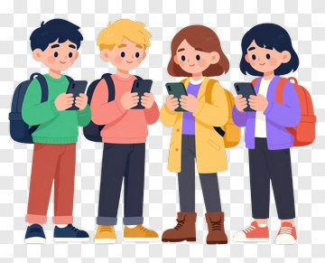 Cartoon Group Of Friends Using Smartphones PNG
