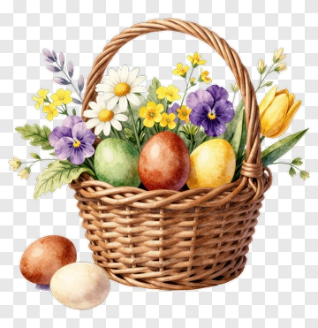 Easter Basket Filled With Colorful Eggs And Flowers PNG