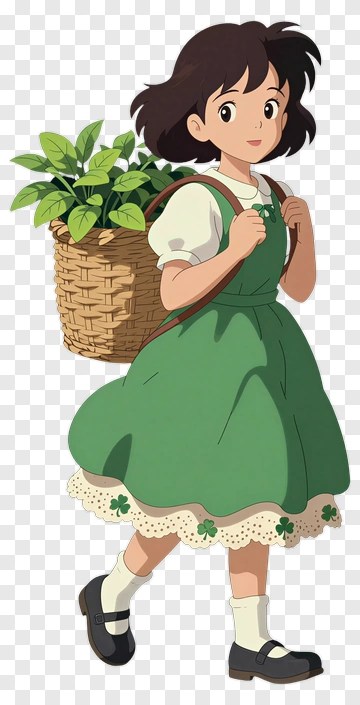 Girl Carrying A Basket Of Plants PNG