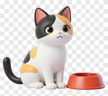3D Cat Sitting Beside A Food Bowl PNG