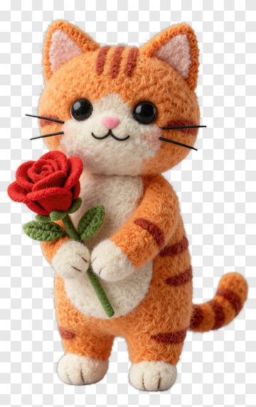 Felt Cat Holding A Red Rose PNG