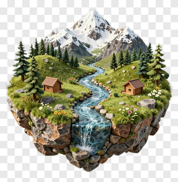 Mountain Landscape With River And Cabins PNG