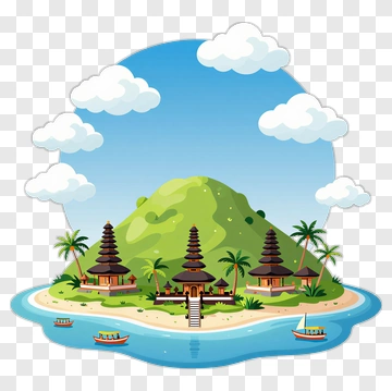 Tropical Island With Pagodas And Boats PNG
