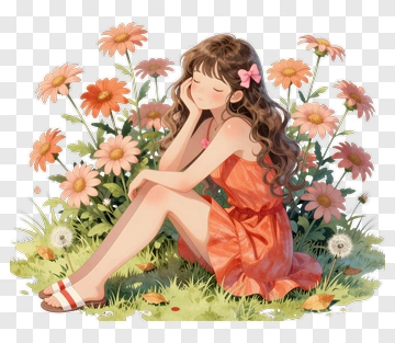 Girl Sitting Among Colorful Flowers PNG