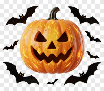 Halloween Pumpkin Surrounded By Bats PNG