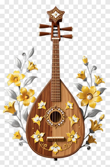 Wooden Lute Surrounded By Floral Decorations PNG