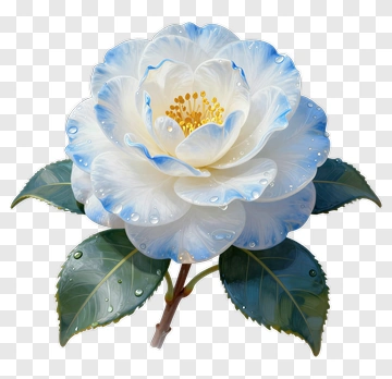 White Flower With Blue Edges And Dew Drops PNG