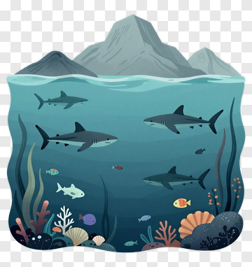 Underwater Scene With Sharks And Coral PNG