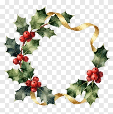 Holly Wreath With Red Berries And Gold Ribbon PNG