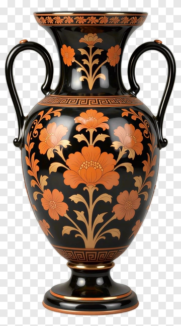 Decorative Black Vase With Orange Floral Design PNG
