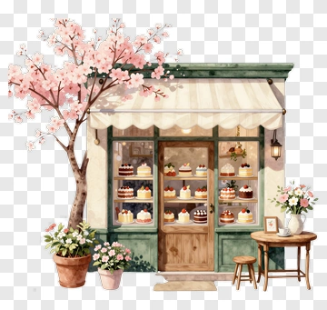 Bakery Shop With Cherry Blossom Tree PNG